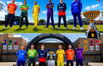 Captains of all six Major League Cricket teams pose with the MLC trophy ahead of the 2026 Season 4 opener in Grand Prairie, Texas.
