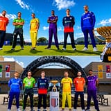 Captains of all six Major League Cricket teams pose with the MLC trophy ahead of the 2026 Season 4 opener in Grand Prairie, Texas.